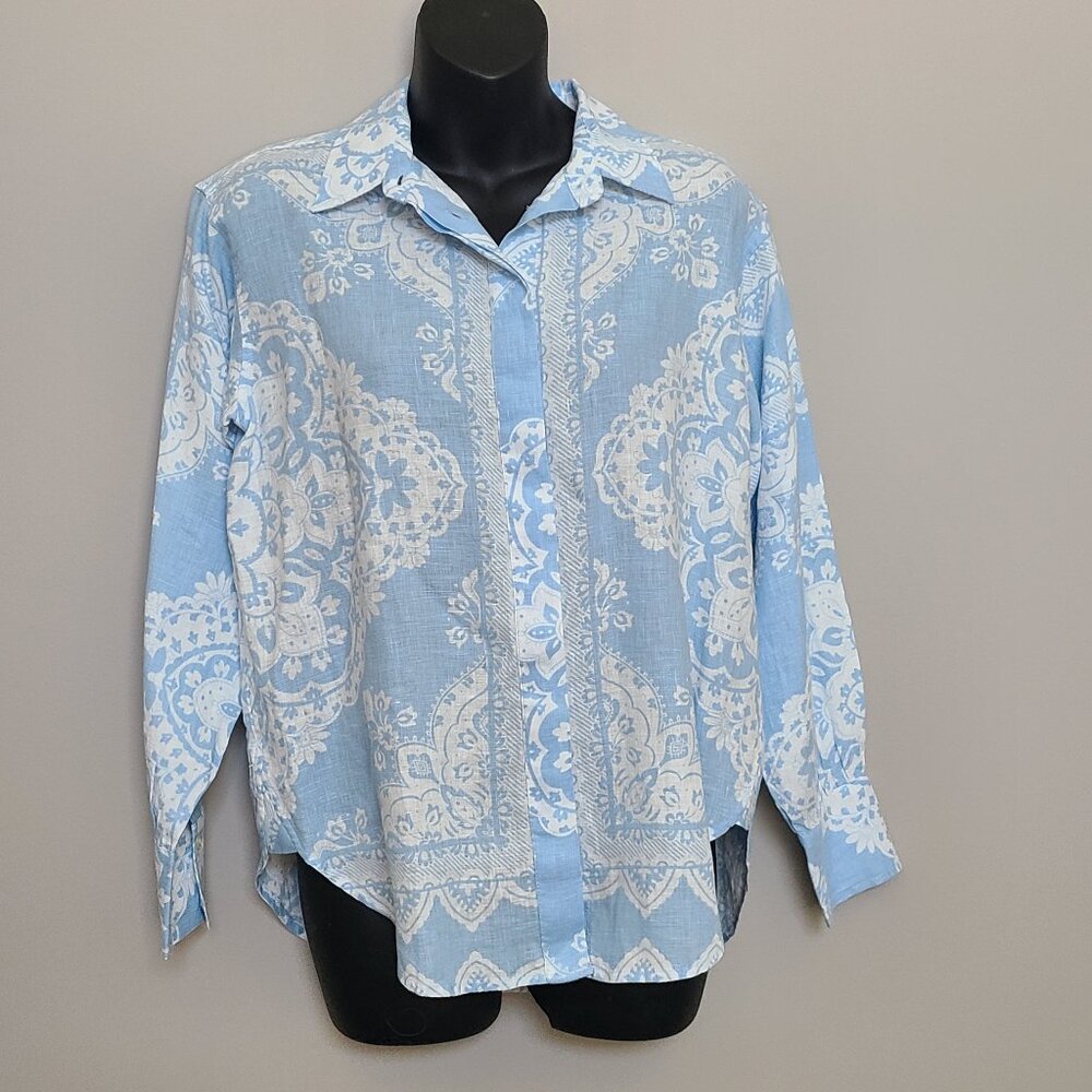 Ann Taylor XXSP Linen Blouse Light Blue Print Long Sleeve
